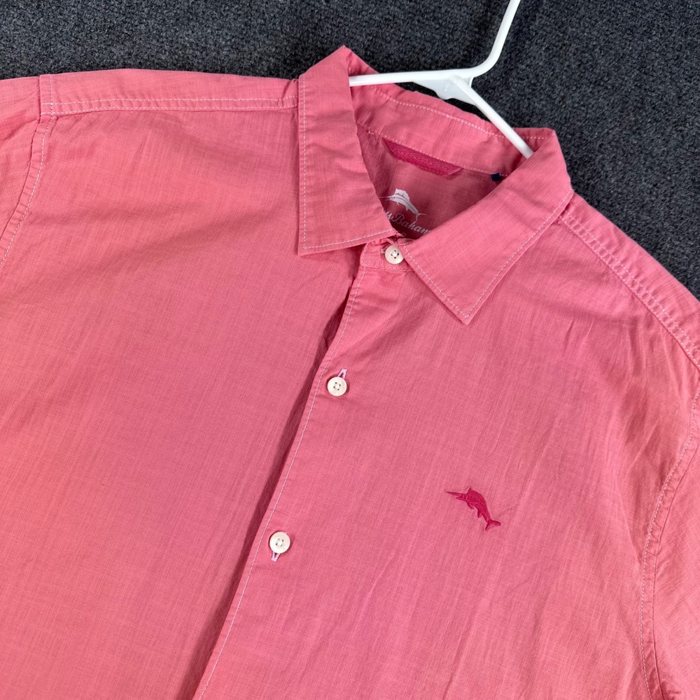 Tommy Bahama Button Mens XL Extra Large Pink Short Sleeve Marlin Cotton Shirt
